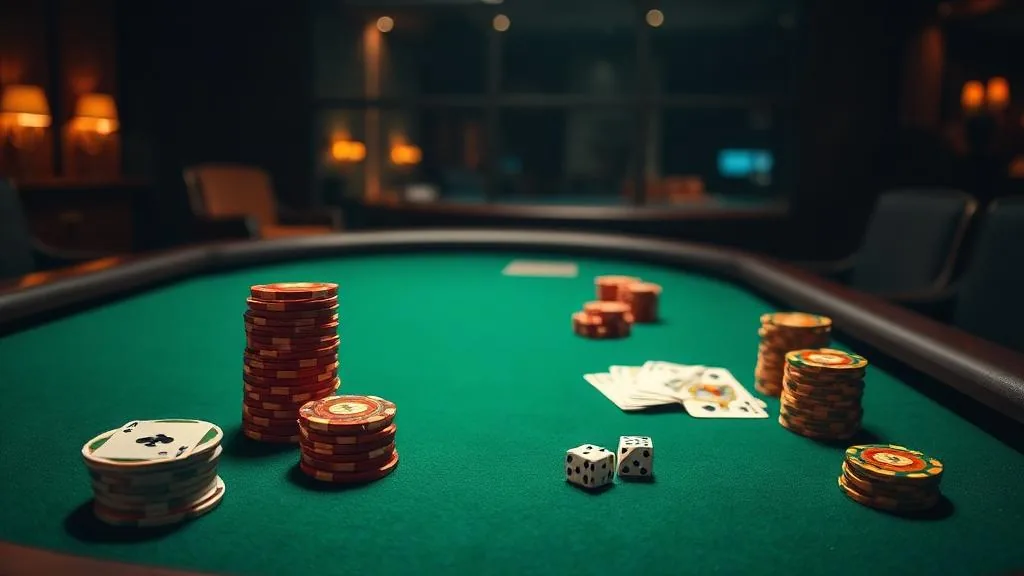 Green baize casino table with playing cards, stacks of chips and dice under warm light