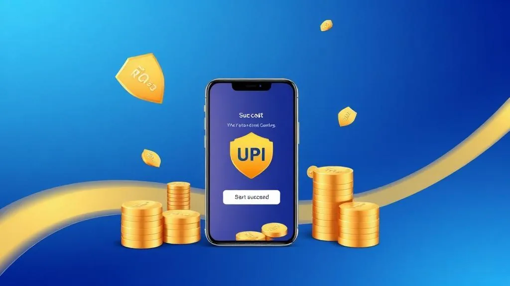Illustration of a smartphone showing a successful UPI payment with gold coins and a security shield