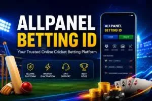 All Panel betting ID promotional graphic with a mobile app screen, cricket stadium lights and casino chips