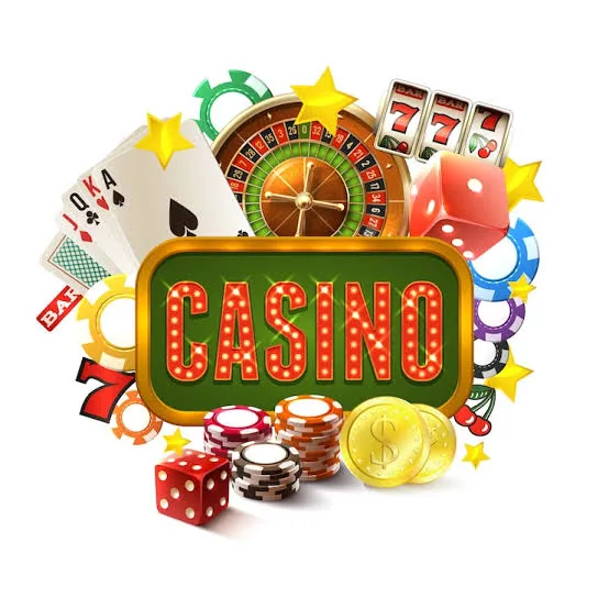 Casino sign surrounded by cards, chips, dice and a roulette wheel